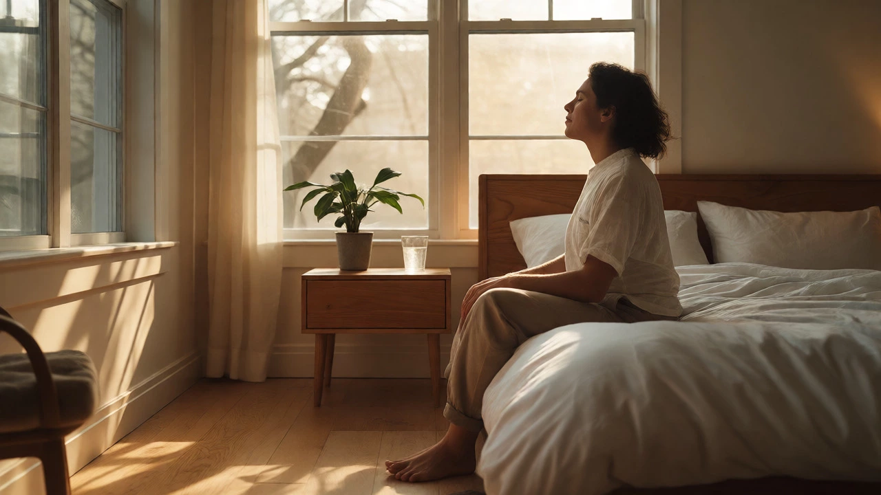 Person relaxing in a clean, minimalist bedroom with morning light