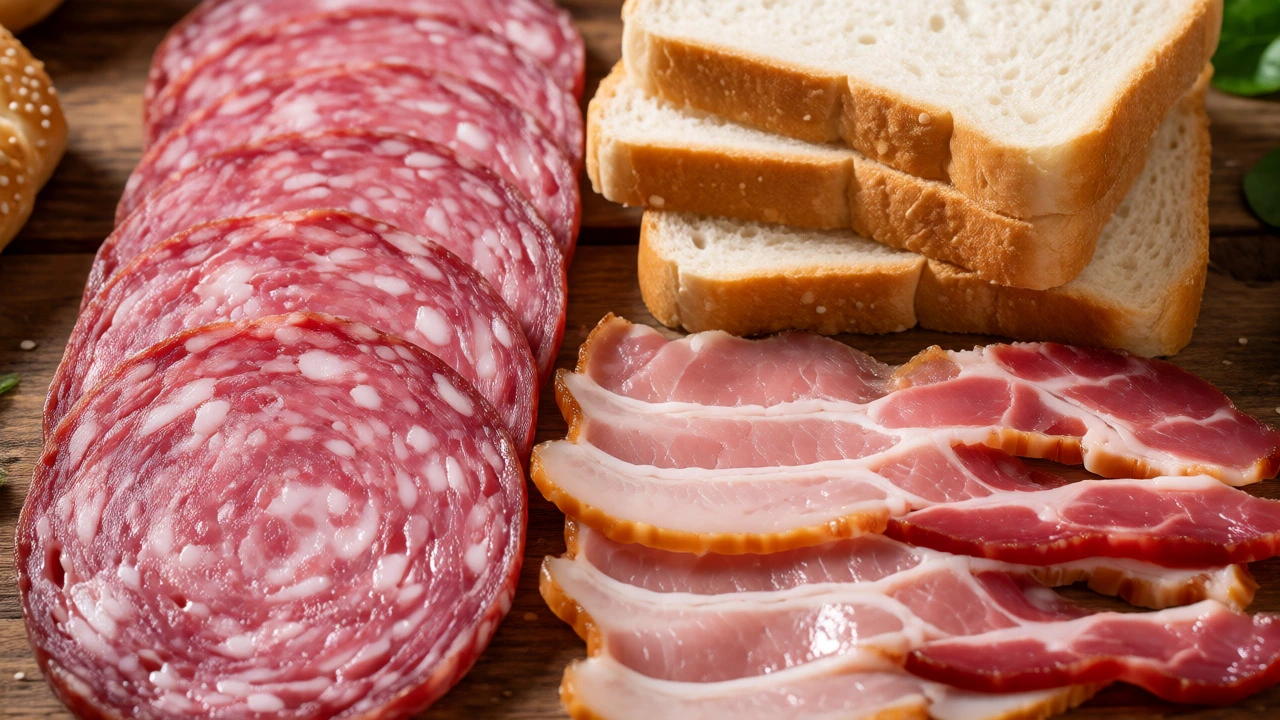 Slices of salami and bacon arranged beside white bread and pastries on wood