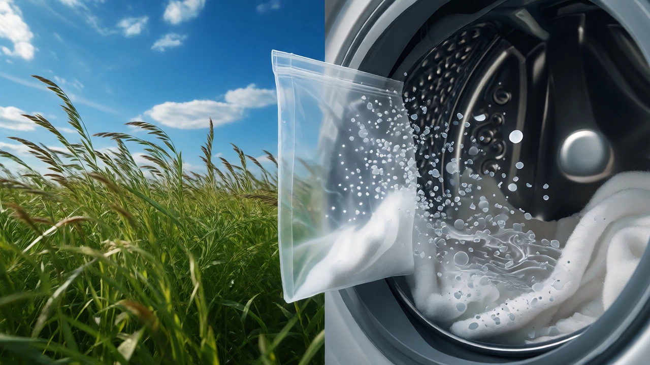 Split view comparing flax fields with microplastics from synthetic laundry.