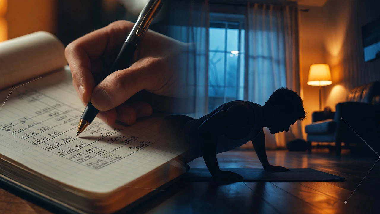Split view of logging workouts in a notebook and exercising alone at night.