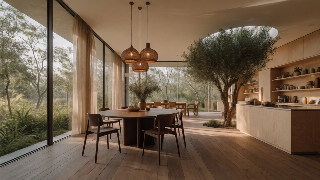 Sunlit kitchen with round walnut table, olive tree, and garden view