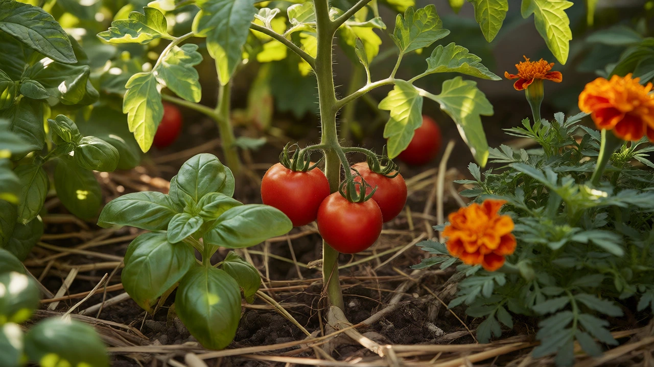 Tomato plant surrounded by basil and marigolds in a raised bed