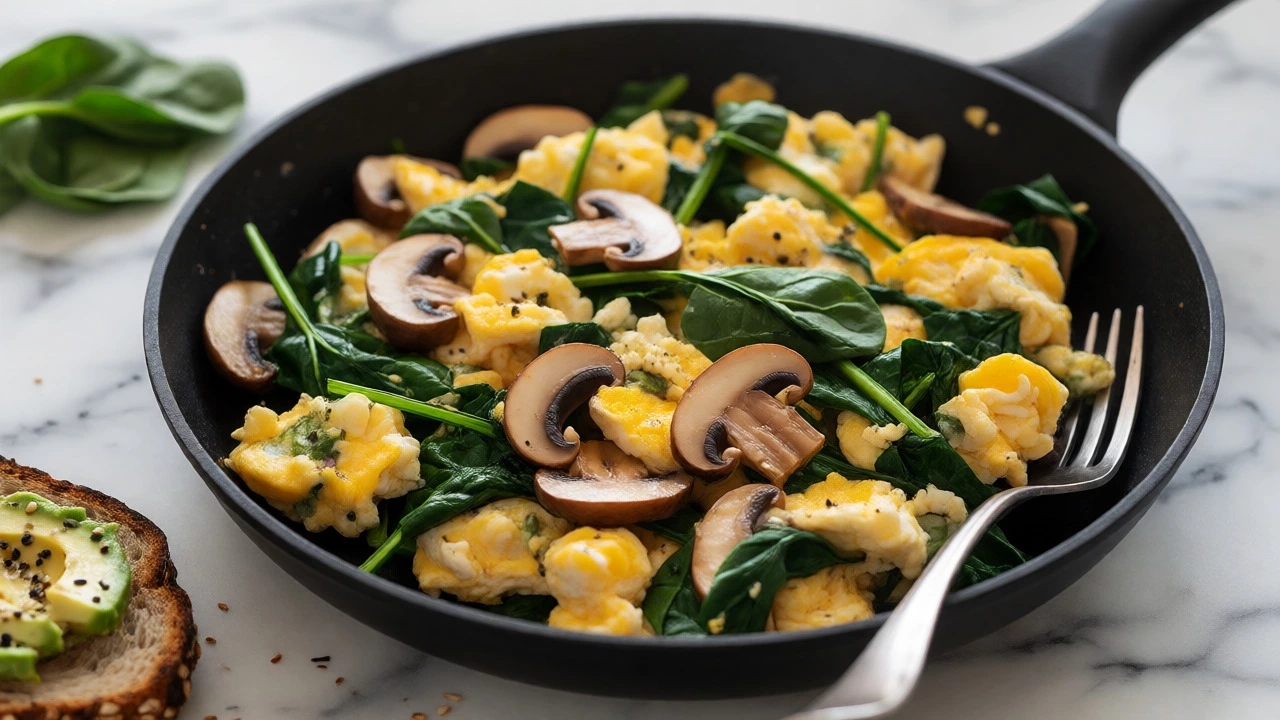 Veggie egg scramble with spinach and mushrooms in a skillet