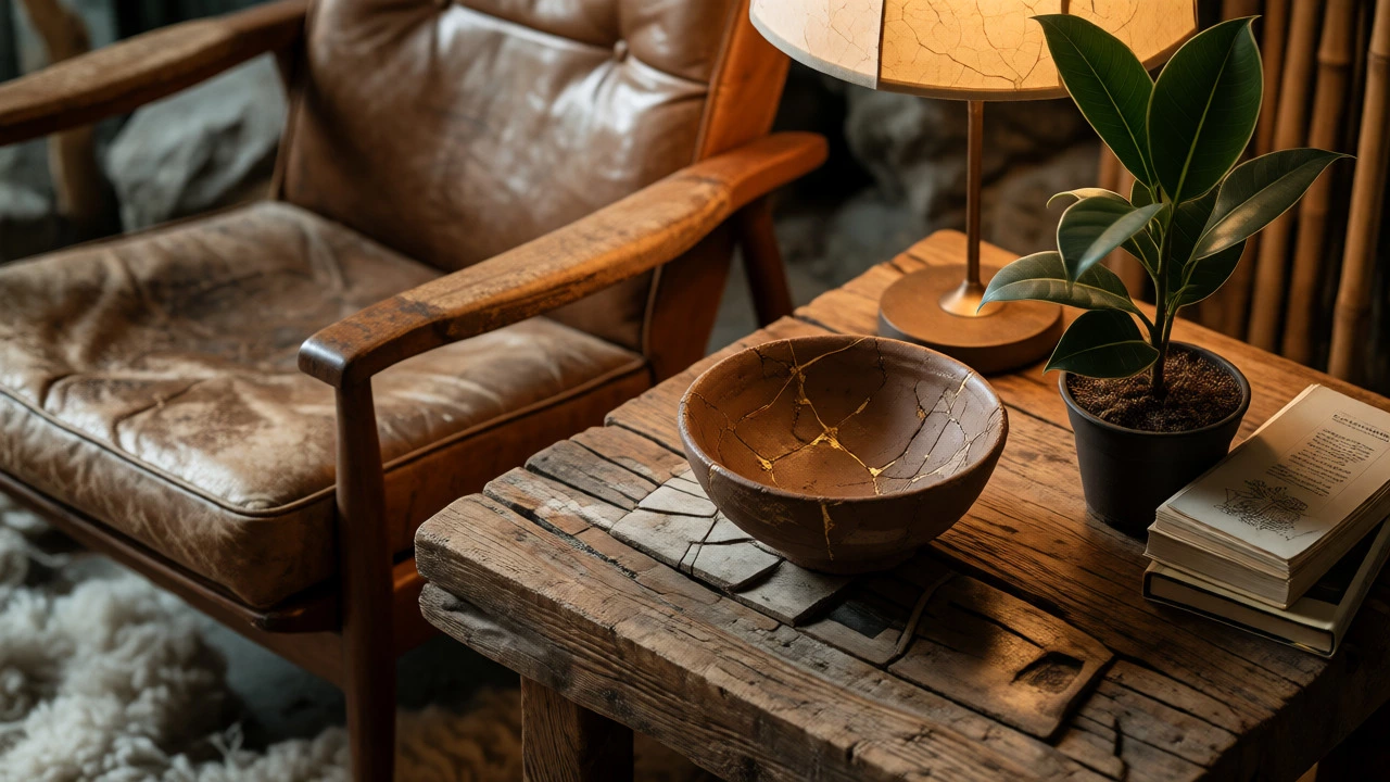 Vintage leather chair and repaired clay bowl on wooden side table